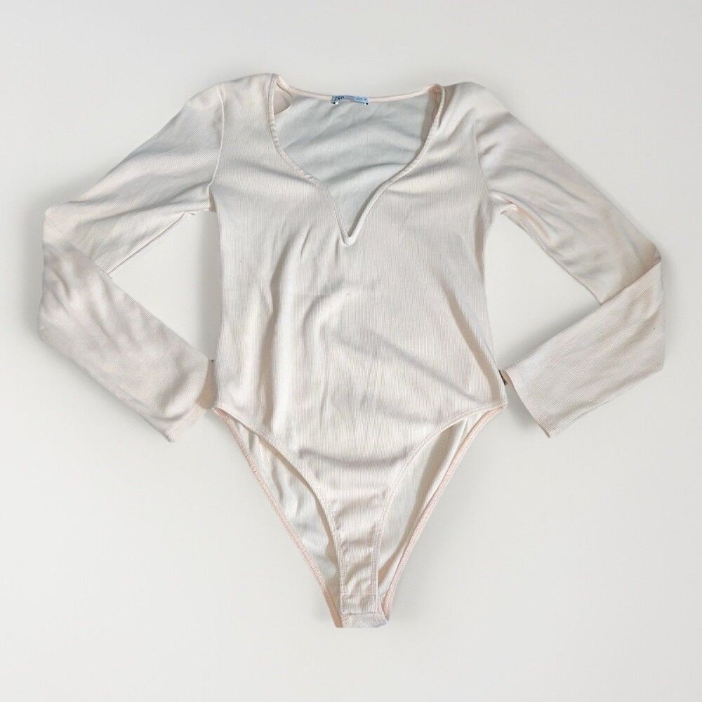 Zara Ribbed Bodysuit Long Sleeve V-Wire Pink Peach Size L Thong Cut EUC